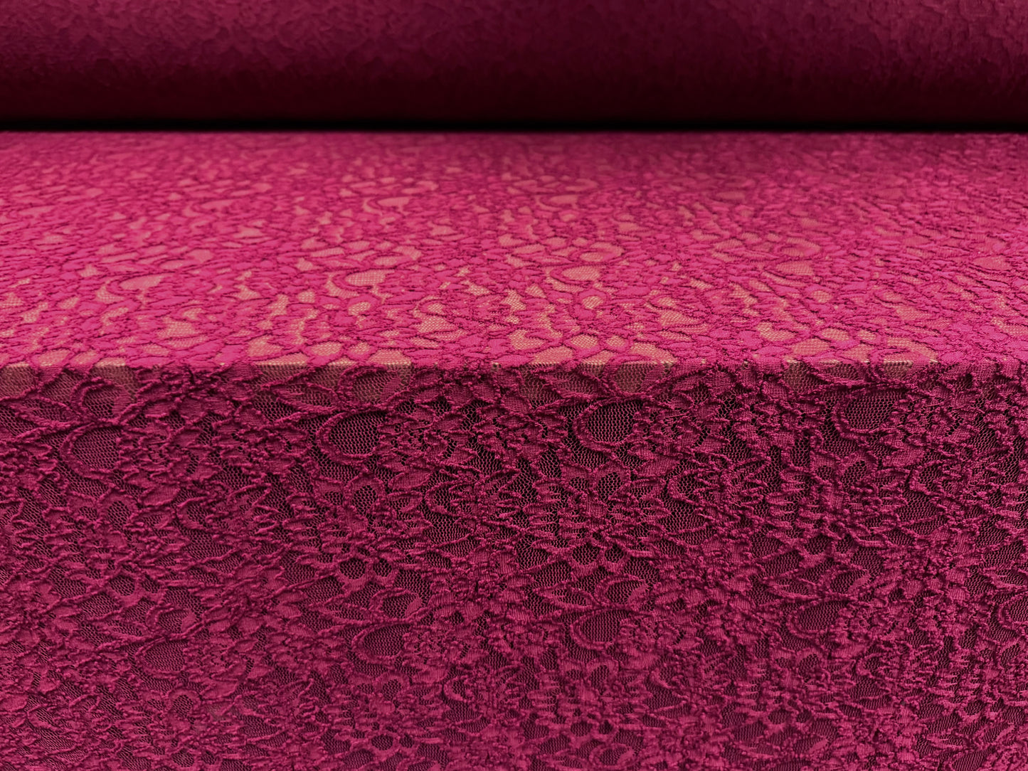 Stretch lace dress fabric, per metre - scalloped selvedge - flower design - Ruby
