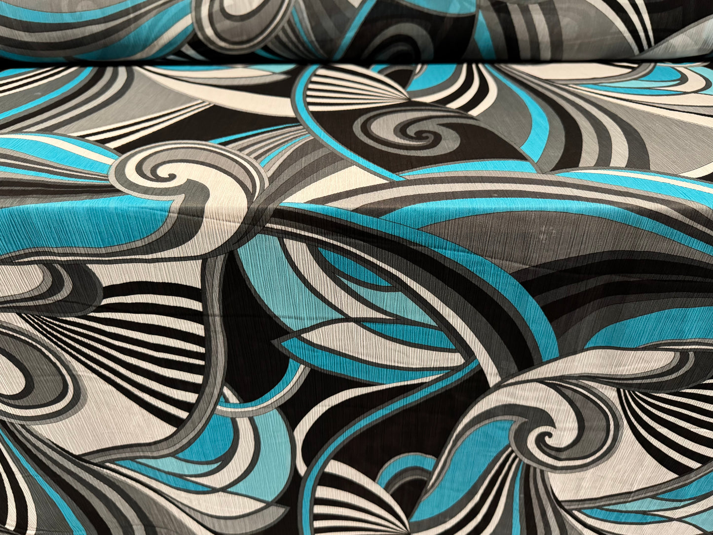 Printed chiffon yoryu dress blouse fabric, per metre - 60s swirl print - turquoise black & white
