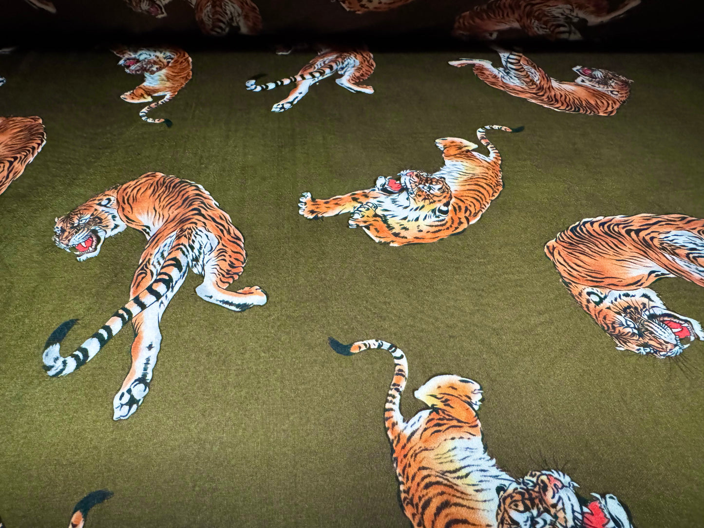 Soft touch stretch spandex single jersey fabric, per metre - tiger print - khaki & orange