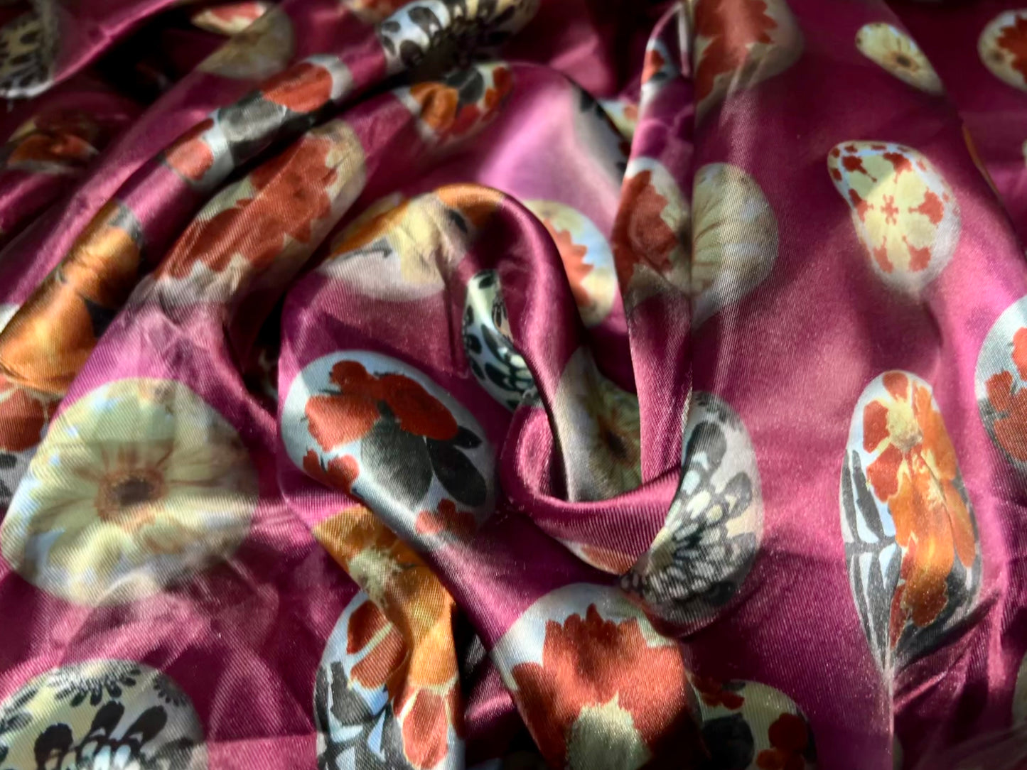 Silky satin woven dress fabric, per metre - painted pebbles print - plum