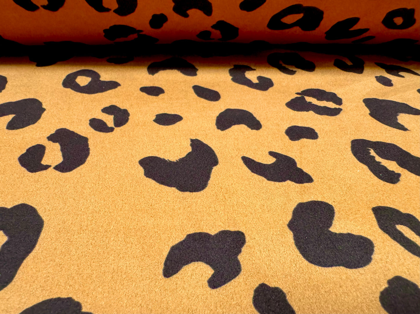 Scuba suede stretch spandex double jersey fabric, per metre - cheetah animal print - toffee