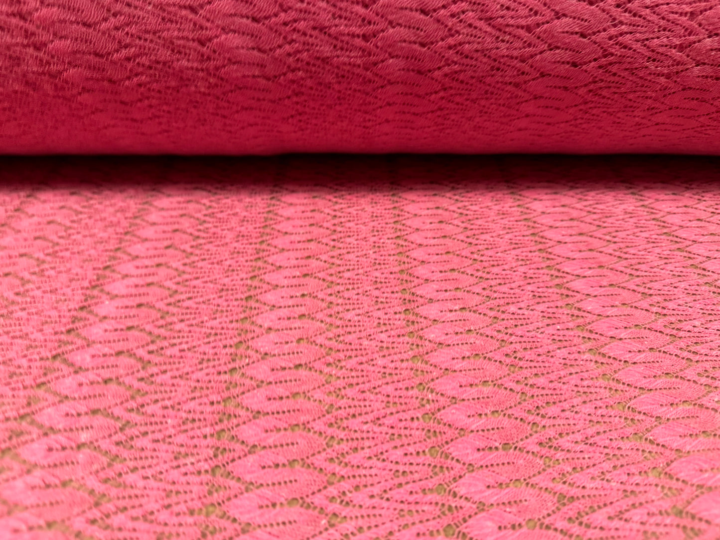 Crochet lace dress fabric, per metre - squiggle design - pink