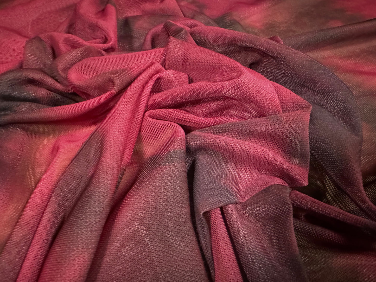 Power mesh net stretch spandex fabric, per metre - abstract print - crimson & black