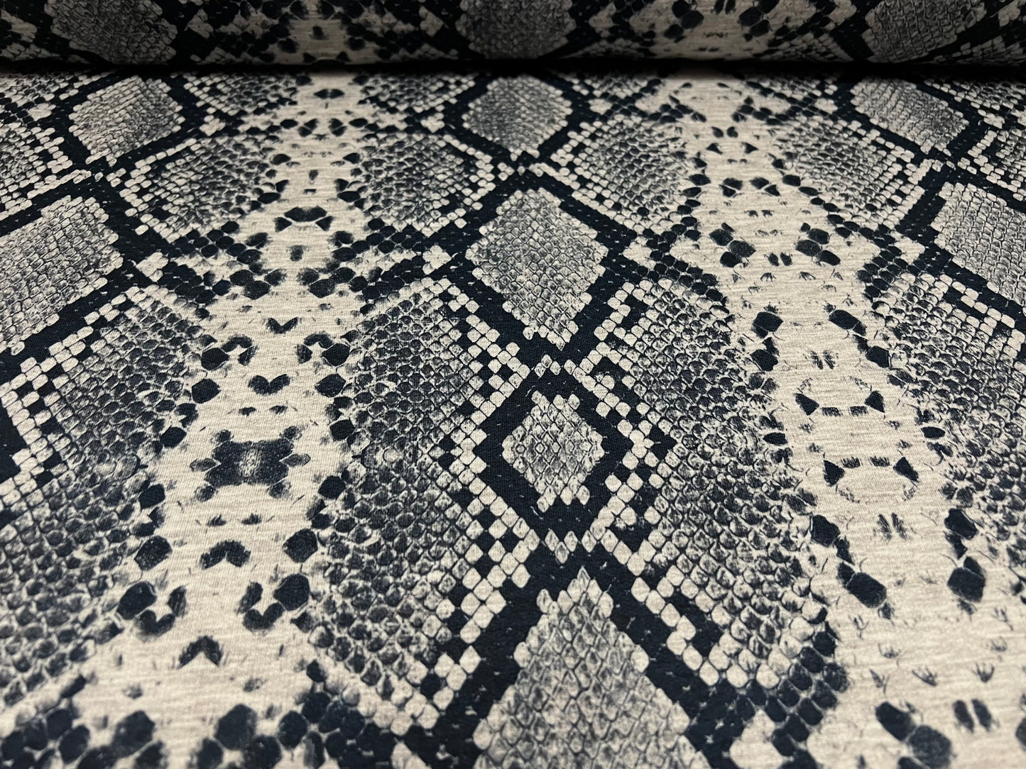French Terry soft loopback jersey fabric, per metre - snakeskin print - grey marl & black