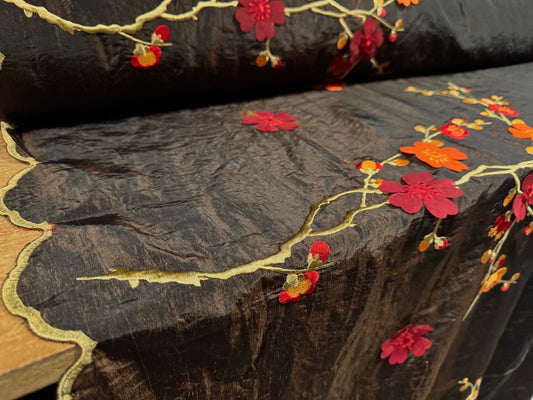 Taffeta faux silk fabric, per metre - embroidered blossom appliqué border - dark brown
