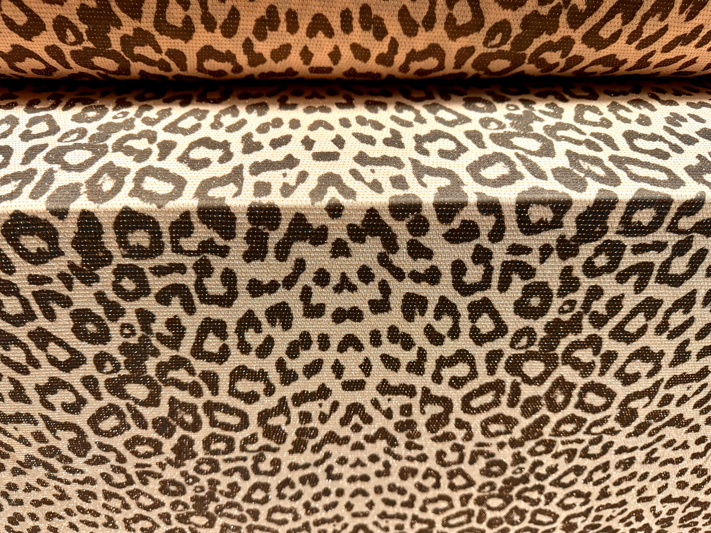 Metallic slinky spandex stretch jersey fabric with gold lurex, per metre - cheetah animal print - nude & brown