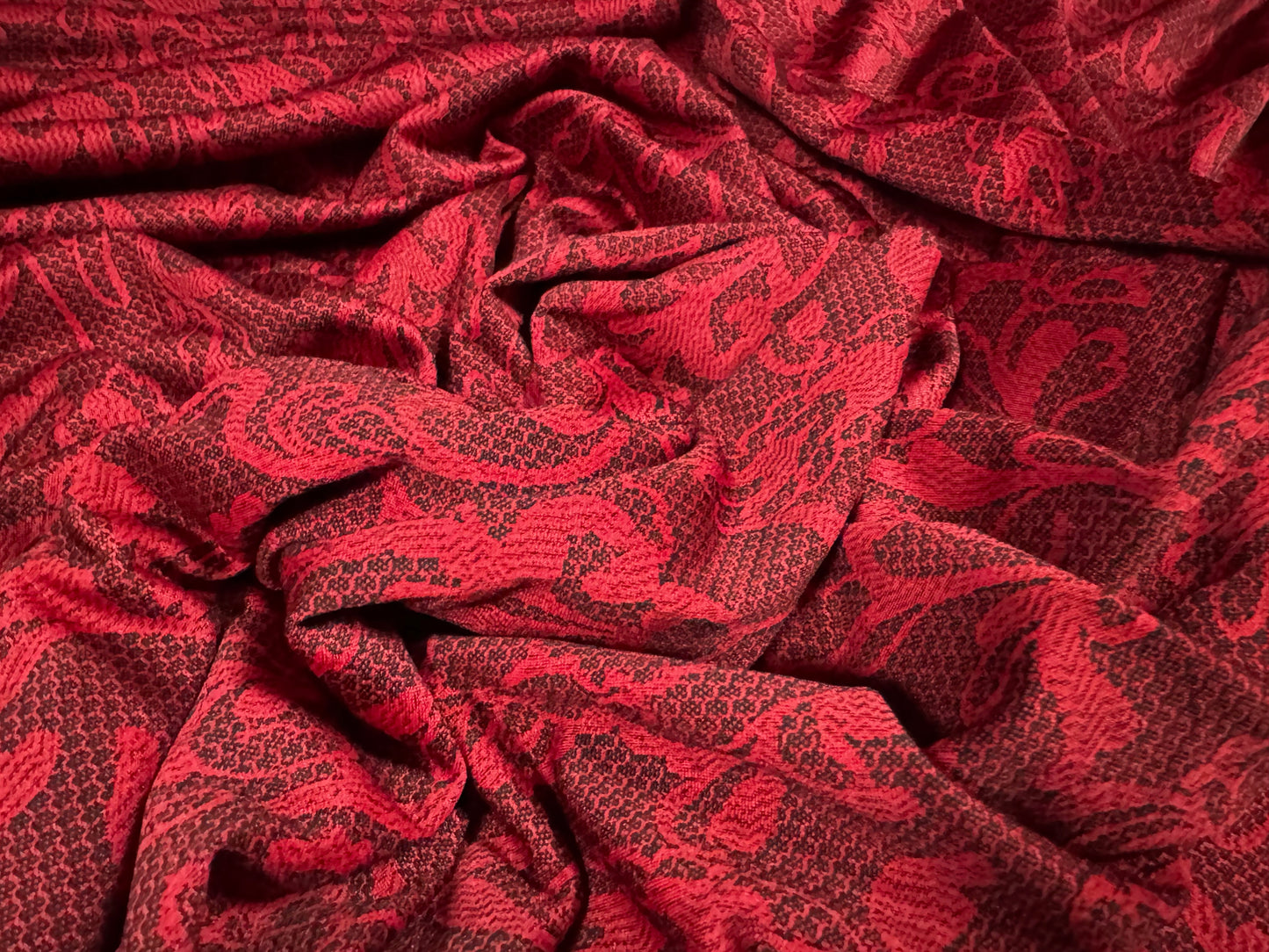 Stretch double jersey fashion fabric, per metre - floral lace pattern - dark red