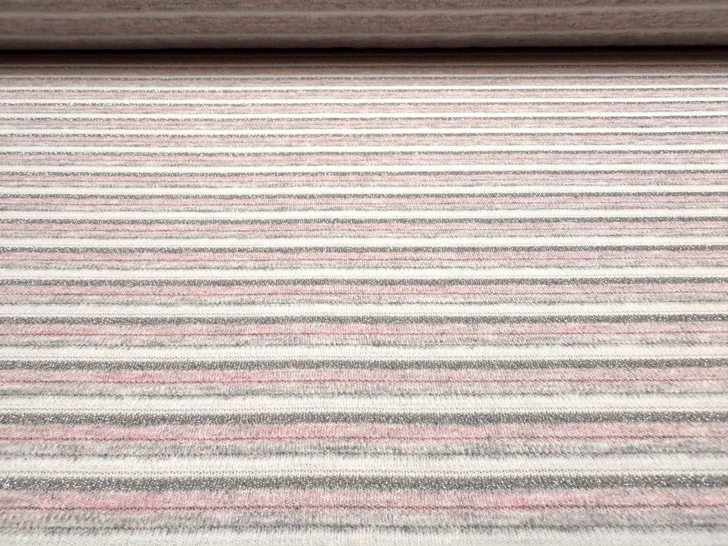 Metallic ottoman rib stretch double jersey fabric, per metre - stripe - pink & grey with silver lurex