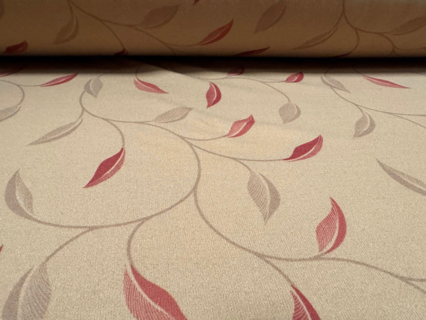 Single jersey mousse fabric, per metre - leaf print - light brown & wine