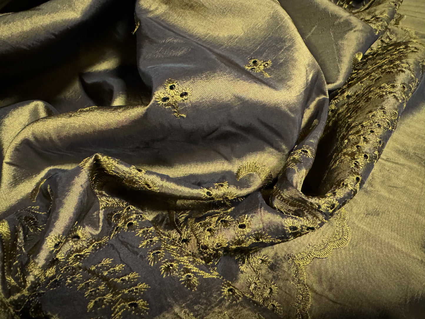 Taffeta faux silk fabric - floral embroidered border - moss green