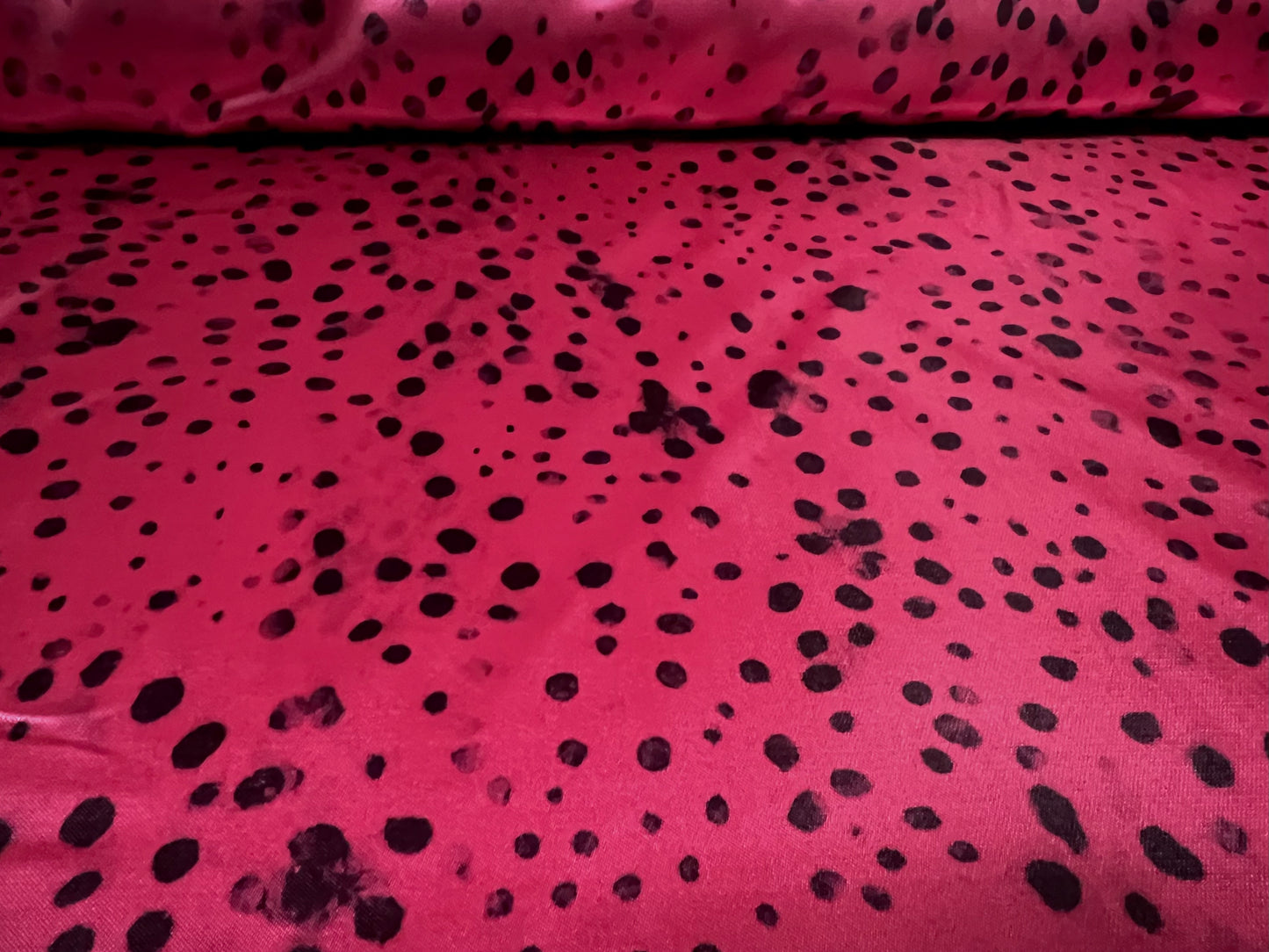 Silky Satin woven dress fabric, per metre - Dalmatian animal print - cerise pink