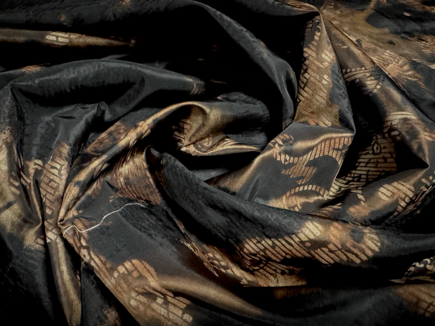 Taffeta faux silk fabric, per metre - stylised damask print - bronze & black