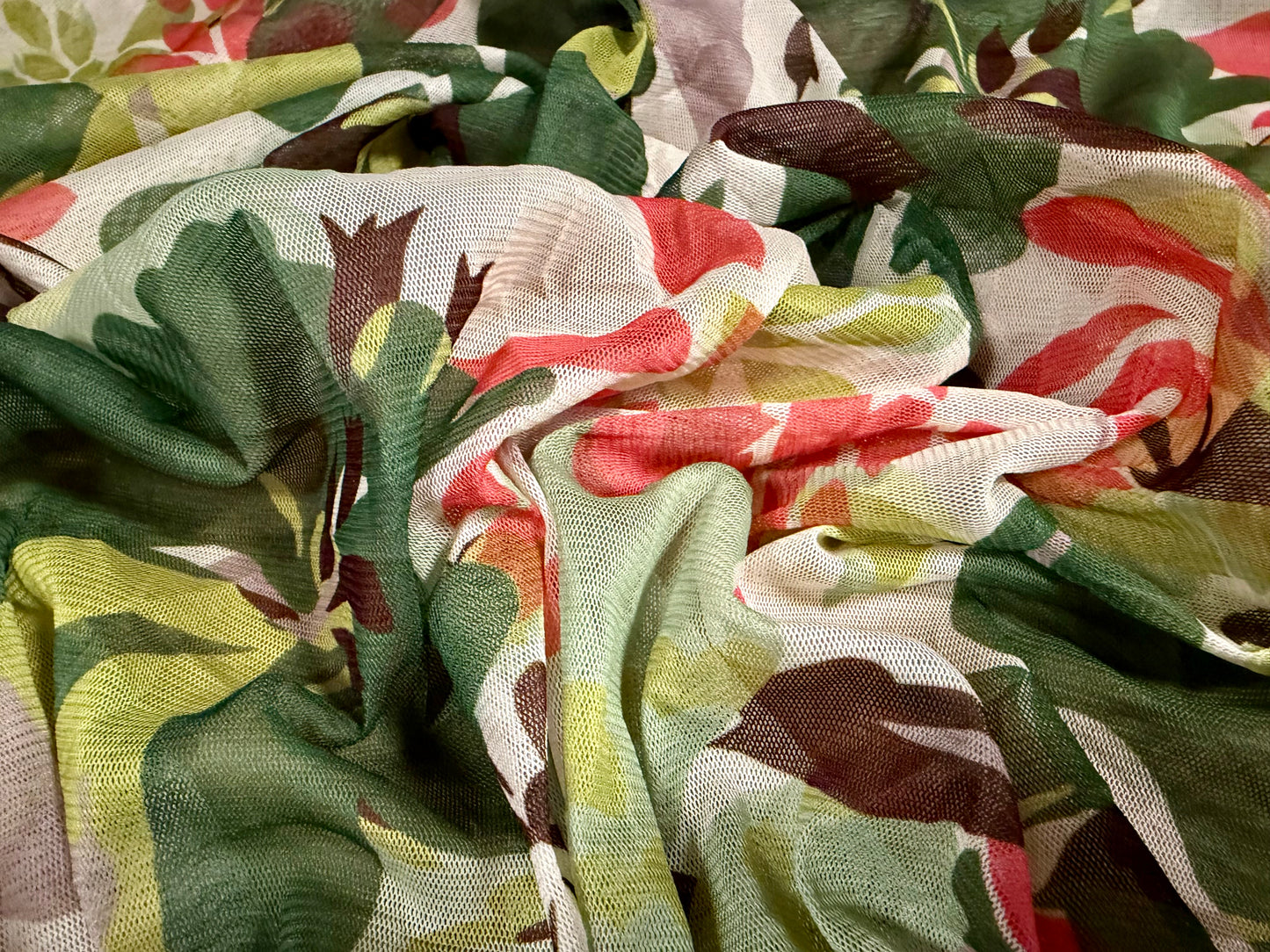 Crushed lightweight mesh fabric, per metre - jungle flower print - green