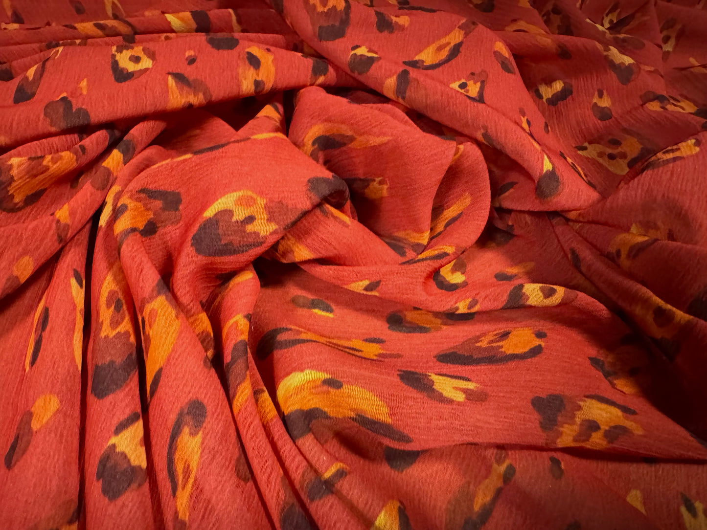 Chiffon yoryu woven dress fabric, per metre - distressed leopard print - red