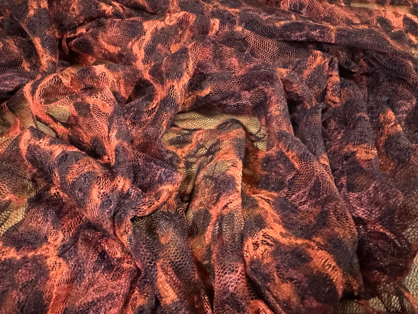 Stretch spandex mesh lace fabric, per metre - leopard animal print - burnt coral