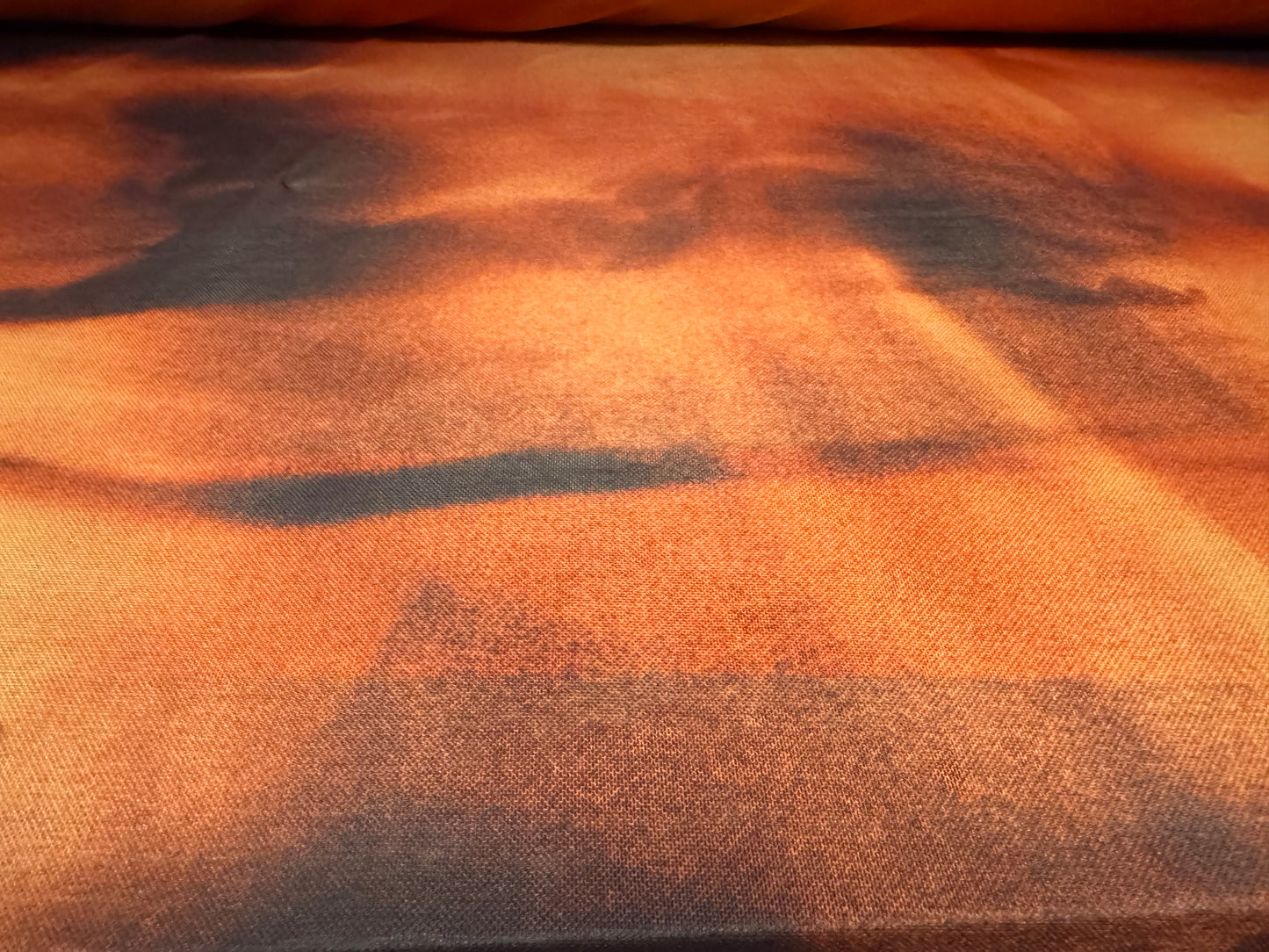 Power mesh net stretch spandex fabric, per metre - sunset shadows print - orange