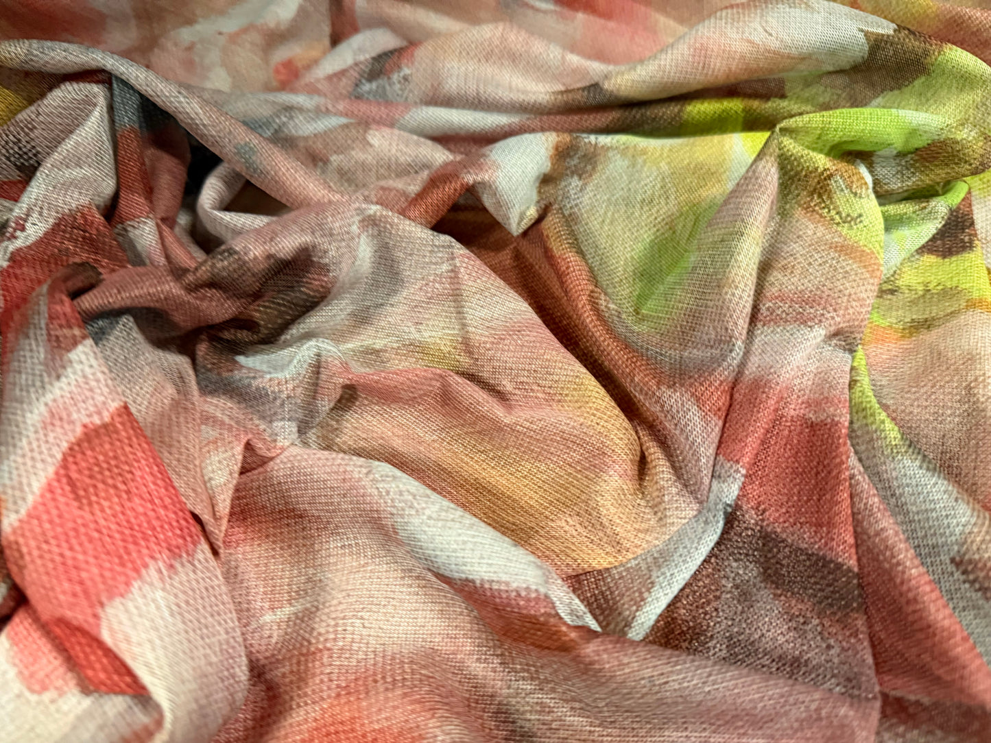 Power mesh net stretch spandex fabric, per metre - impressionist print - pink & green