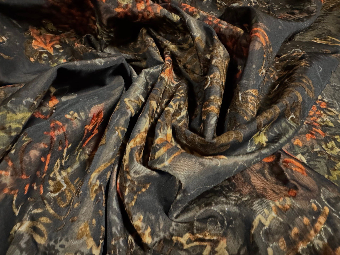 Taffeta faux silk fabric - flocked paisley floral print - brown & burnt orange with gold glitter