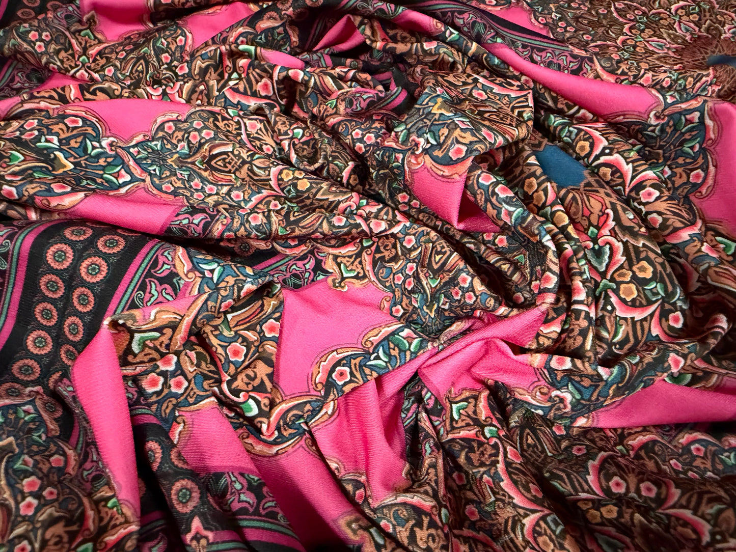 Soft touch stretch spandex jersey fabric, per metre - Arabesque floral print - pink