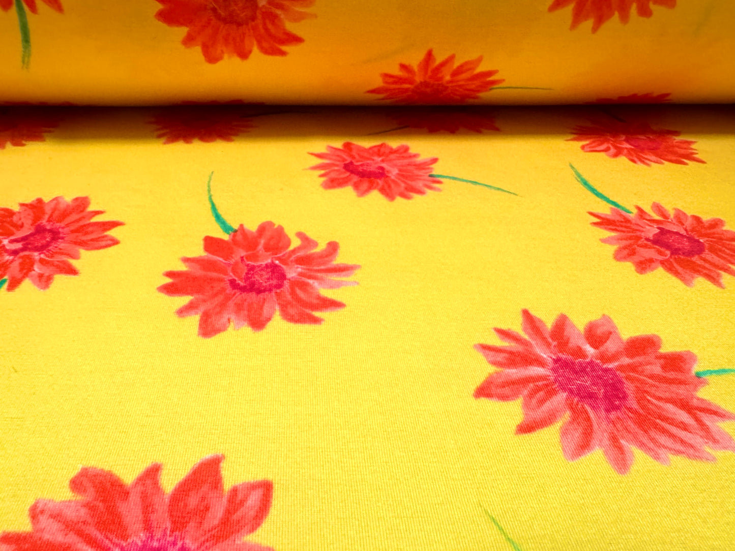 Stretch spandex interlock jersey fabric, per metre - floral print - bright yellow & pink