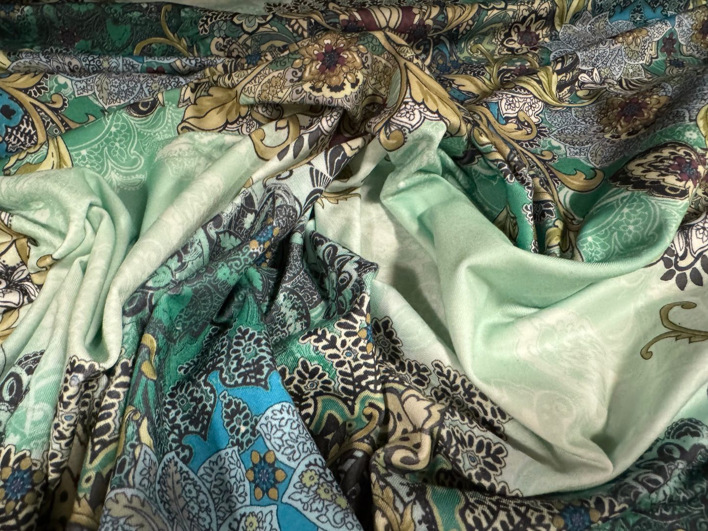 Stretch spandex interlock jersey fabric, per metre - paisley print - jade green