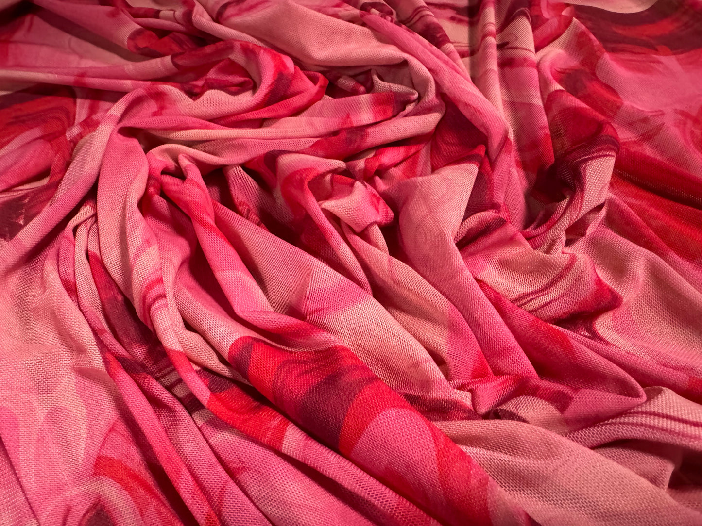 Power mesh net stretch spandex fabric, per metre - swirl print - pink