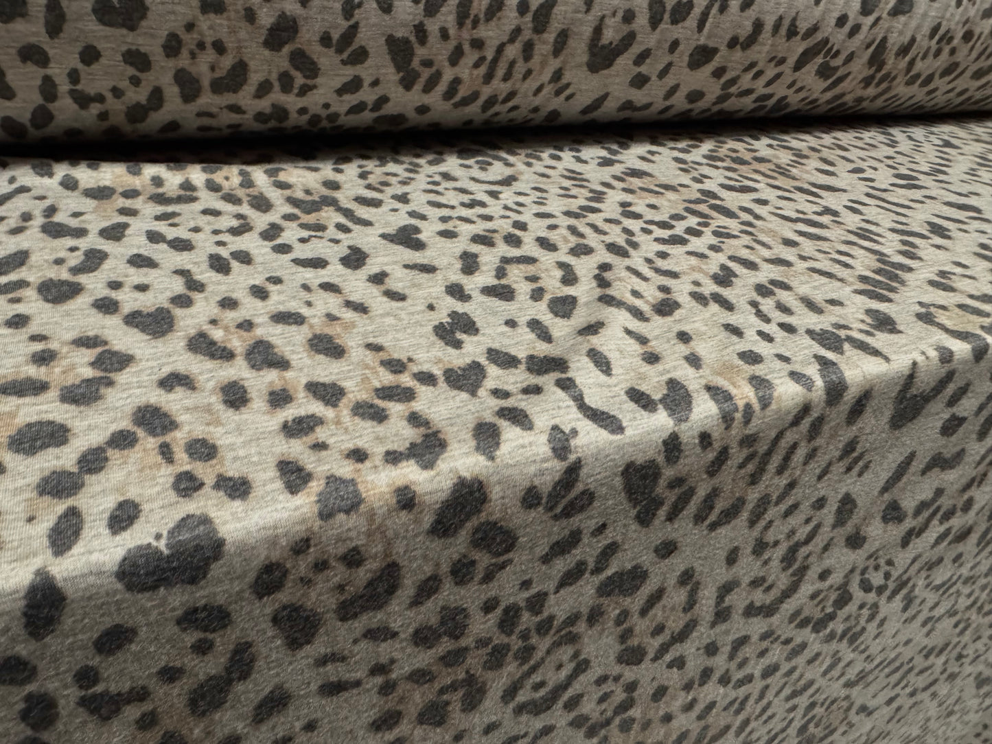 Stretch spandex melange jersey fabric, per metre - leopard print - grey & tan