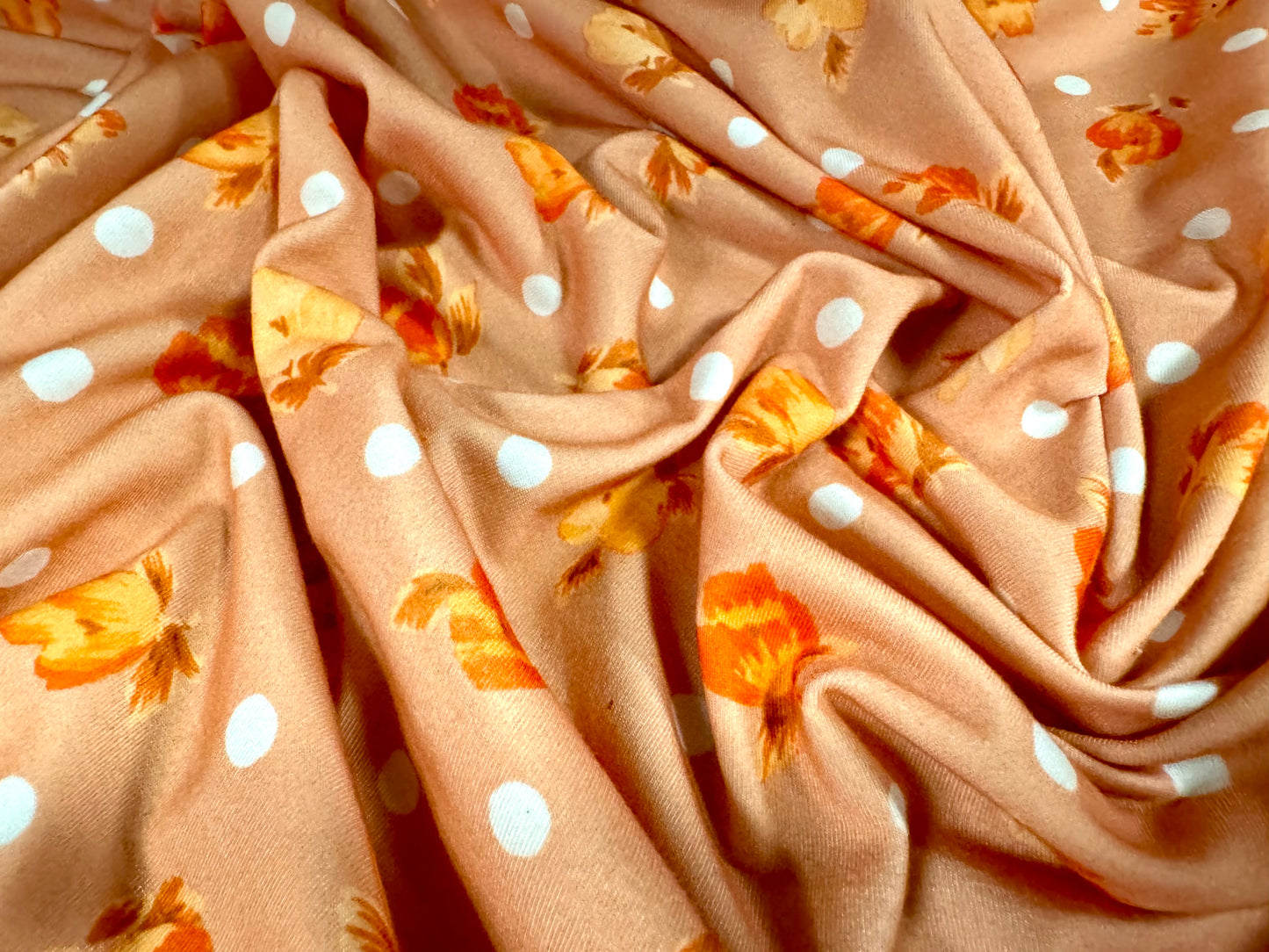 Stretch spandex interlock jersey fabric, per metre - rosebuds & polka dots print - dirty peach