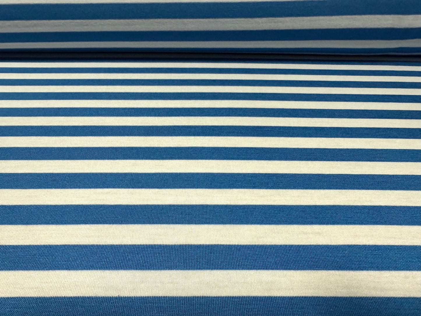 Viscose spandex stretch single jersey fabric, per metre - stripe - cerulean blue & white
