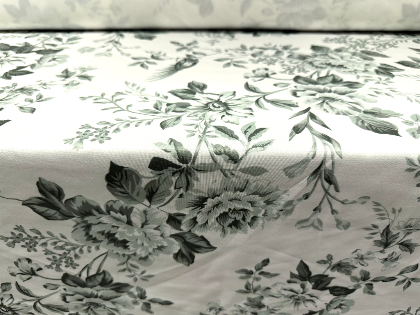 Scuba stretch spandex double jersey dress fabric, per metre - Toile De Jouy print - sage green & white