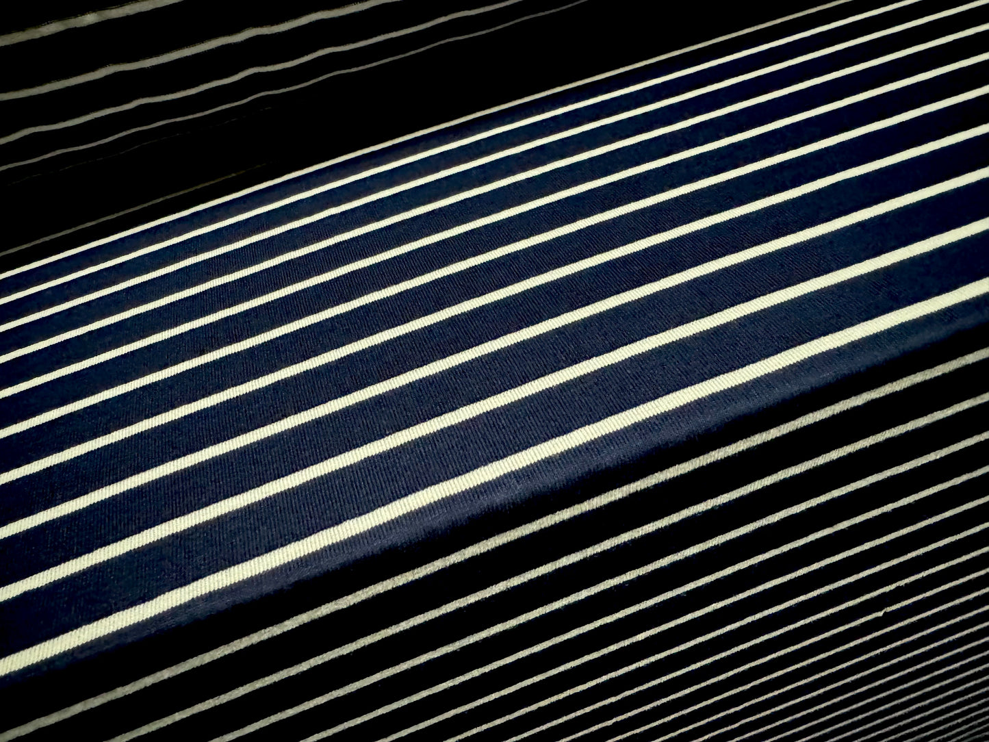Viscose spandex stretch single jersey fabric, per metre - butcher’s stripe - dark navy & ivory