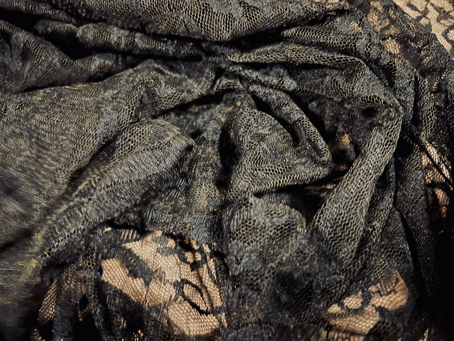 Stretch mesh lace fabric, per metre - rose flower pattern - black