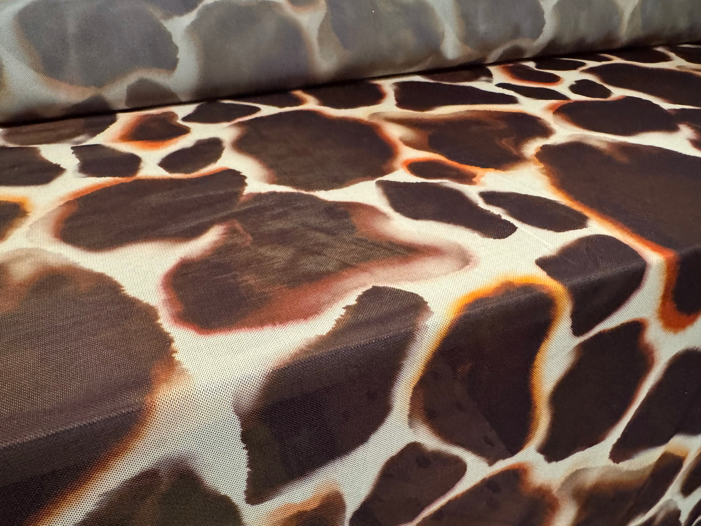 Power mesh net stretch spandex fabric, per metre - giraffe print - brown & cream