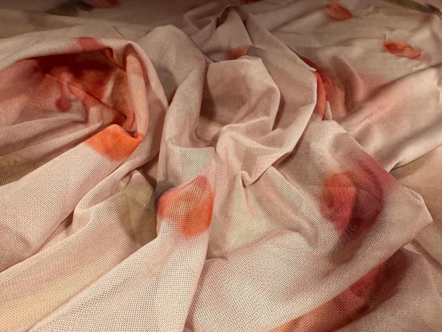 Power mesh net stretch spandex fabric, per metre - soft focus rose print - dusky pink