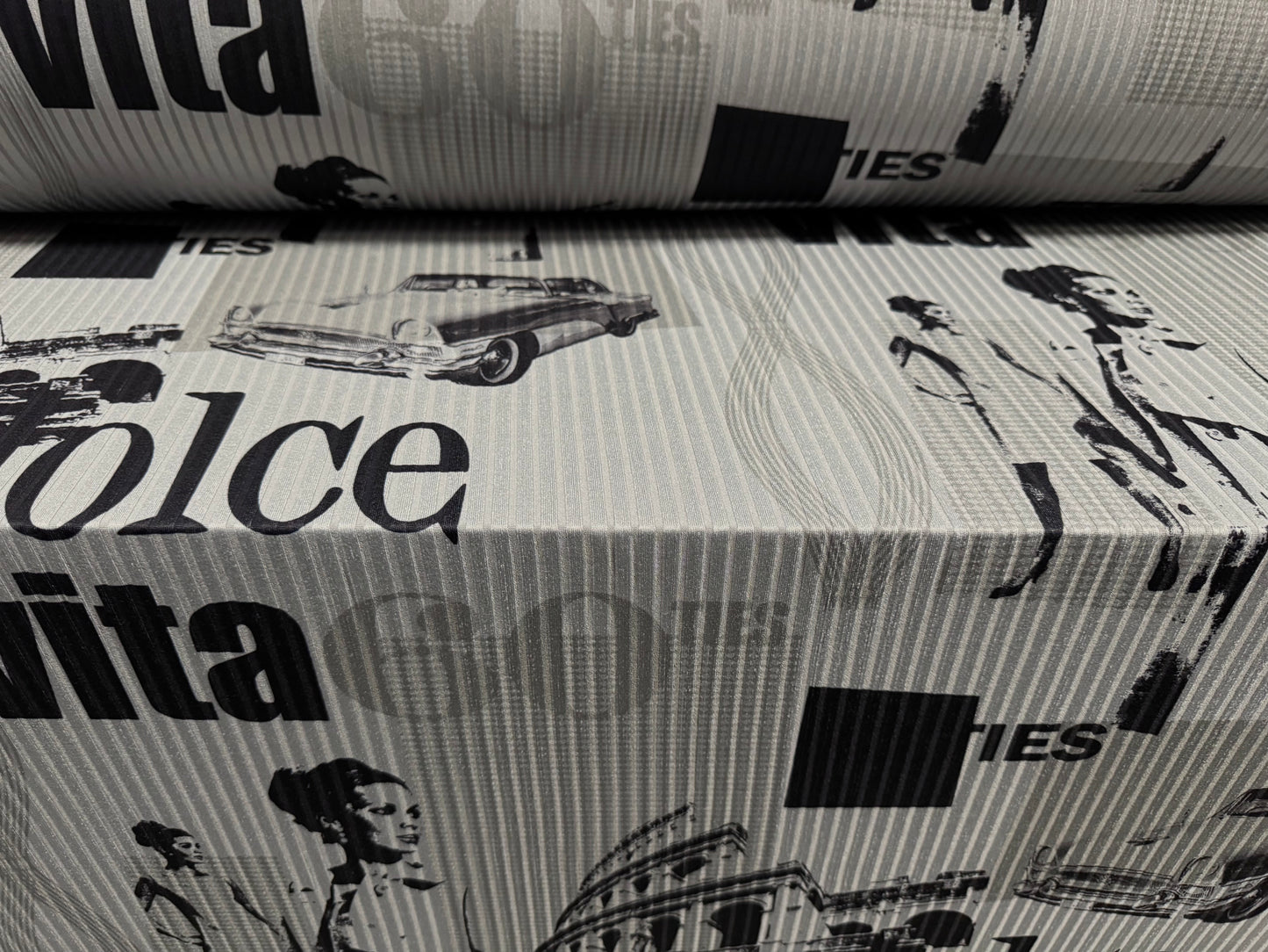 Stretch spandex rib jersey fabric, per metre - 60s retro Dolce Vita print - grey