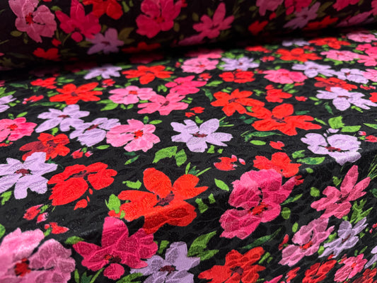 Stretch spandex jersey jacquard fabric, per metre - floral print - black & pink
