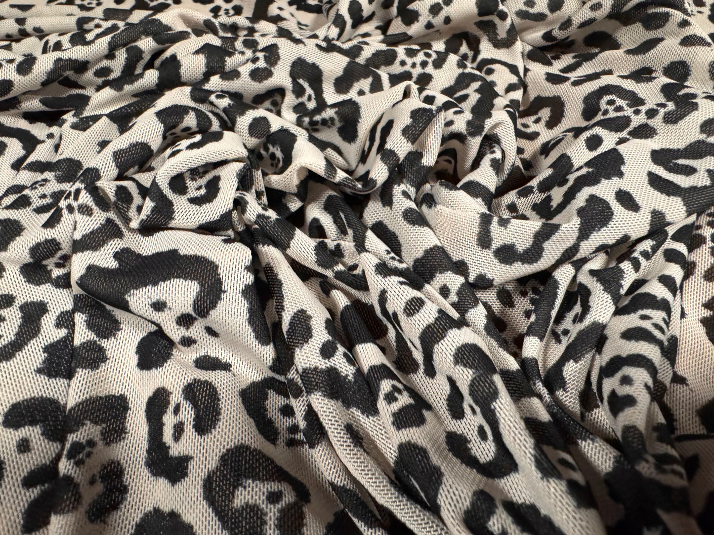 Power mesh net stretch spandex fabric, per metre - leopard animal print - pearl
