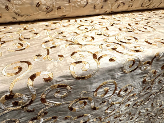 Taffeta faux silk fabric - metallic swirl embroidery - light gold & brown