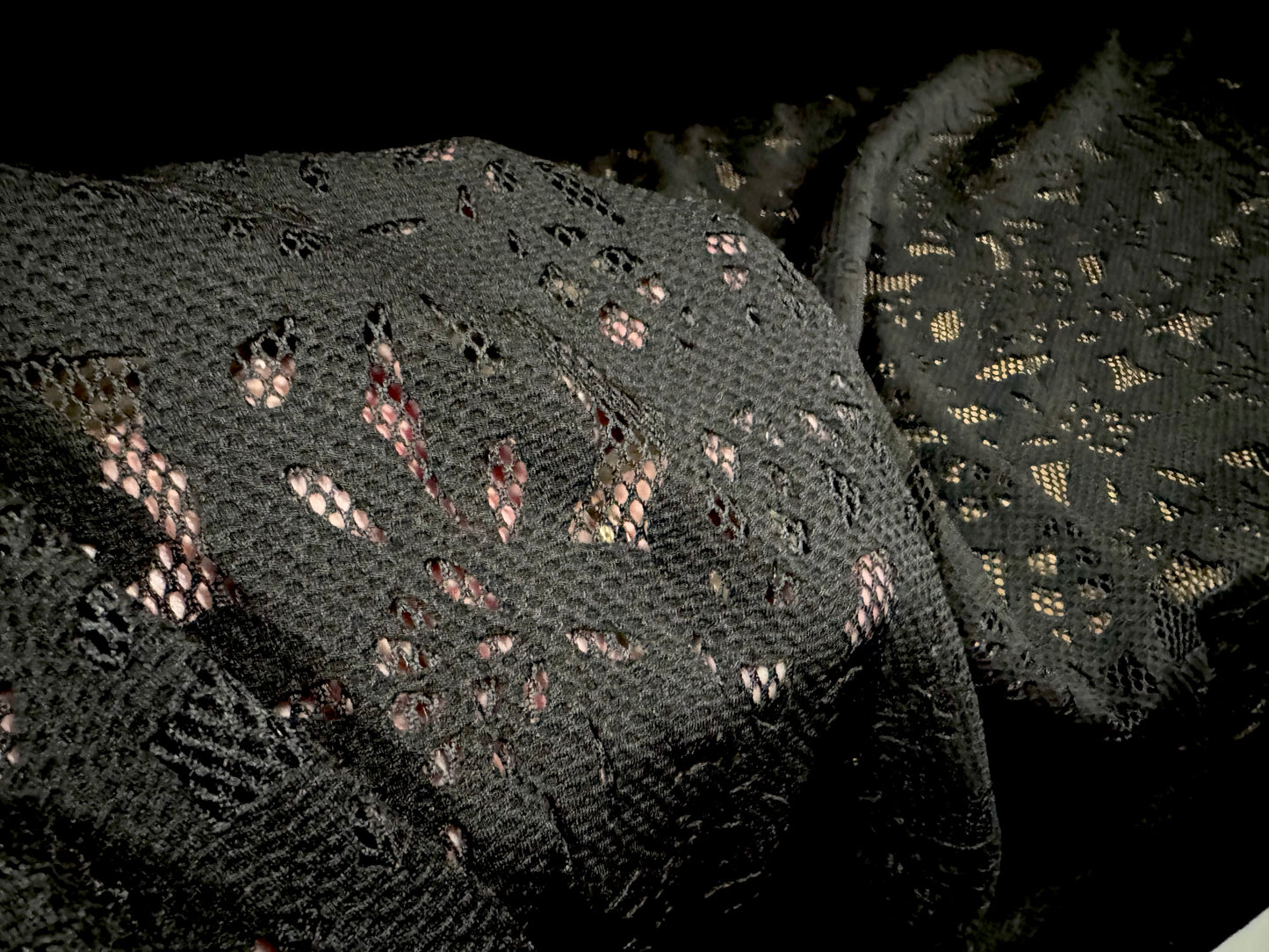 Fishnet scuba fabric with bonded floral appliqué, per metre - flower design - black
