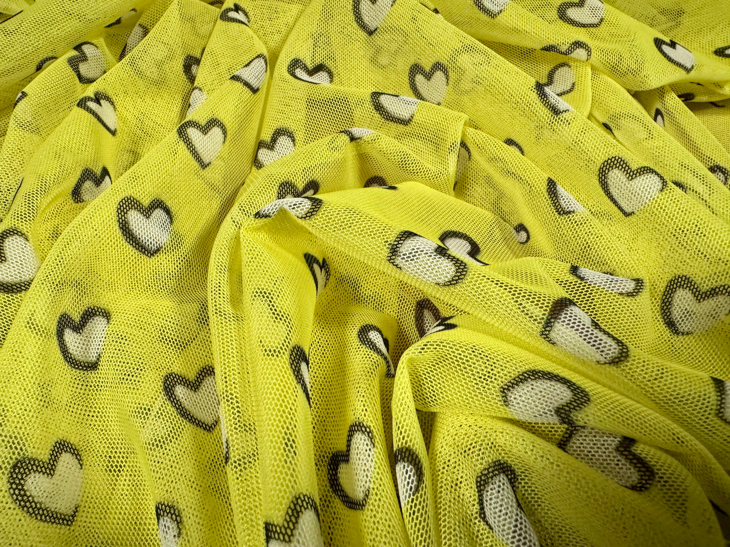 Power mesh net stretch spandex fabric, per metre - love heart print - lemon