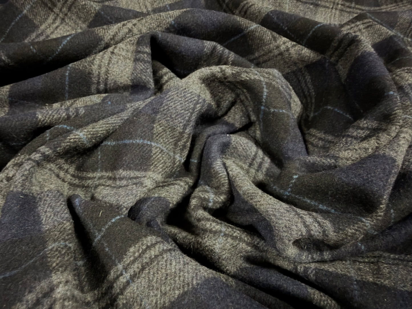 Heavyweight wool flannel brushed coat jacket fabric, per metre - tartan check - grey & navy
