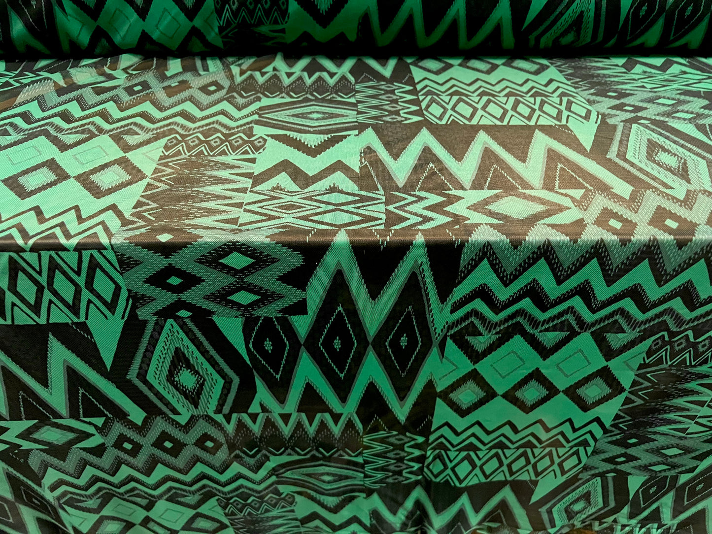 Power mesh net stretch spandex fabric, per metre - Aztec patchwork print - jade green