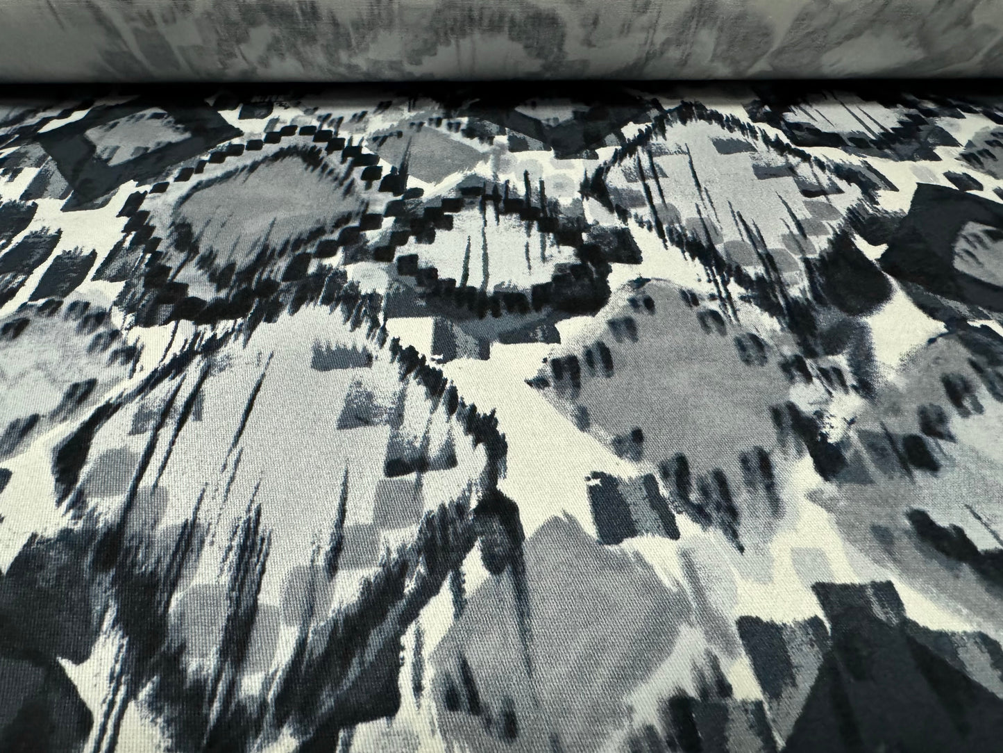 Stretch cotton twill woven fabric, per metre - Ikat print - grey