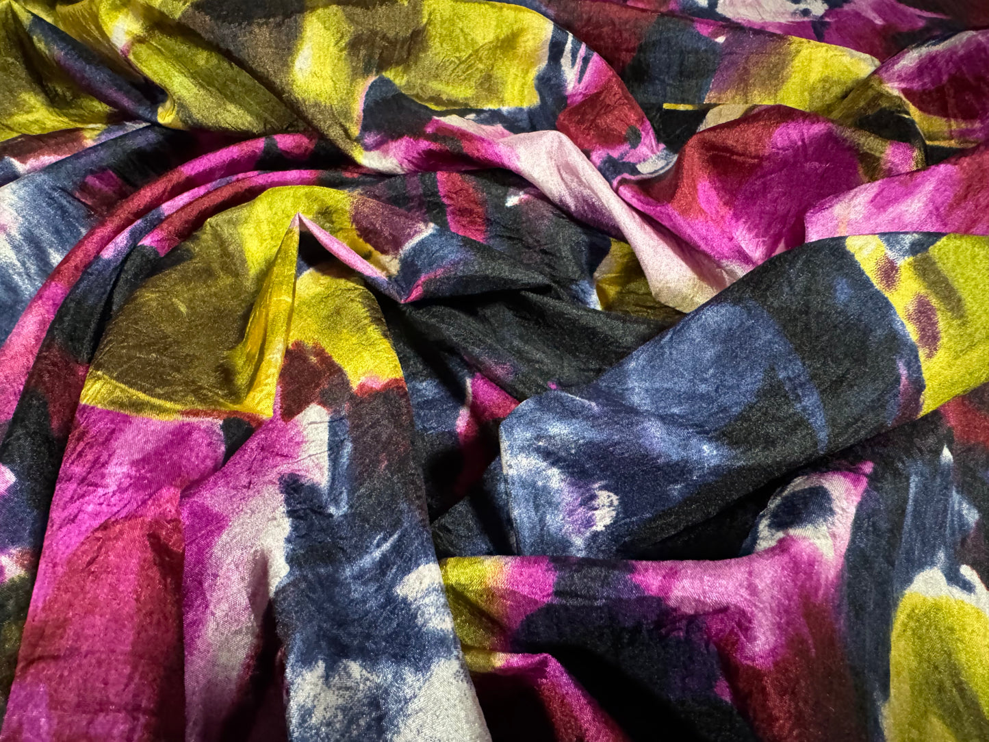 Taffeta faux silk fabric - floral print - navy magenta & chartreuse