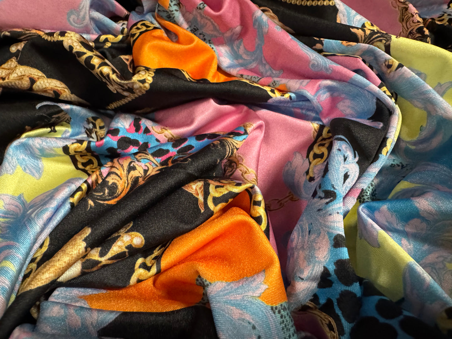 Swimwear stretch spandex jersey fabric, per metre - designer leopard & chains print - multicolour