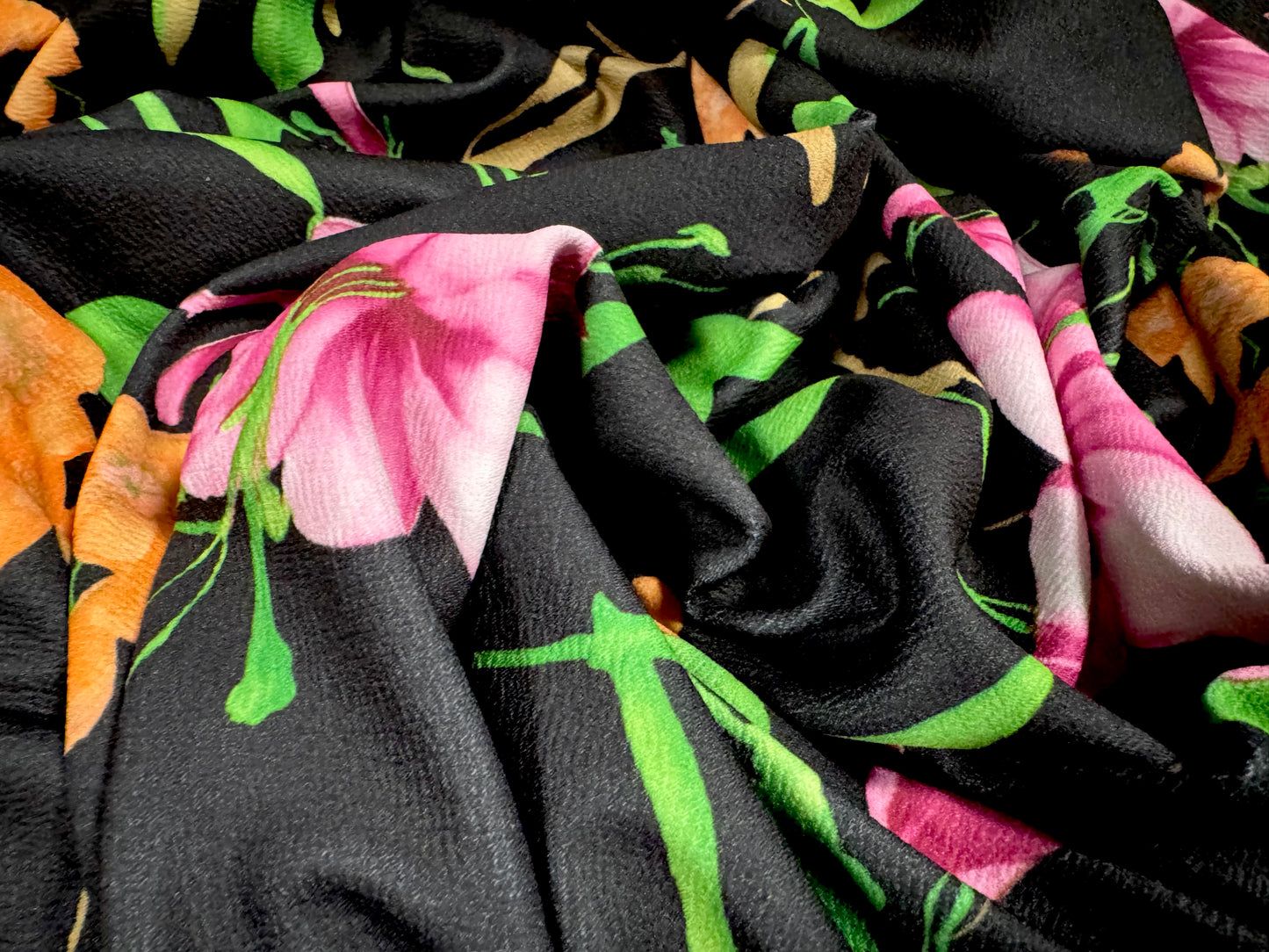 Scuba textured ‘Liverpool’ stretch spandex jersey fabric, per metre - orchid flower - black magenta & orange