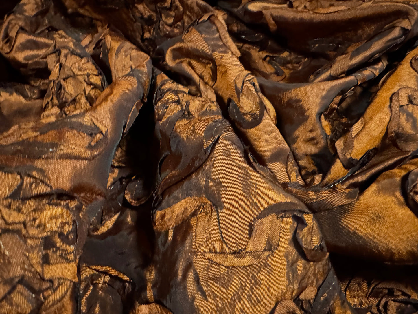 Taffeta faux silk fabric with ribbon appliqué, per metre - floral - copper