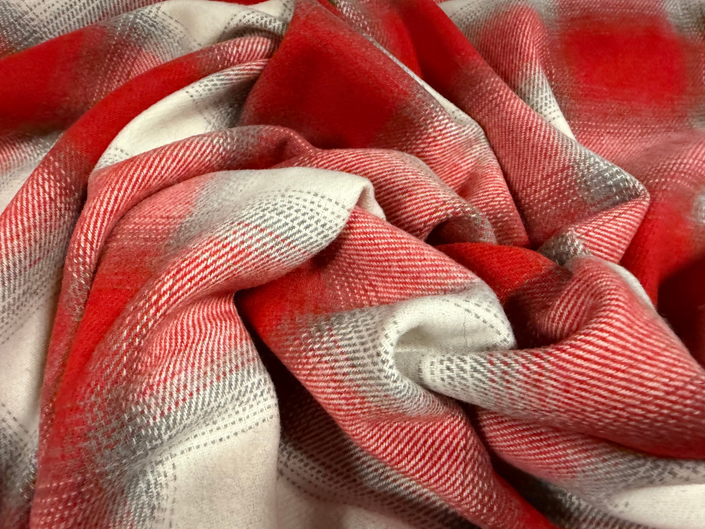 Wool flannel fabric, per metre - tartan check - red grey & white