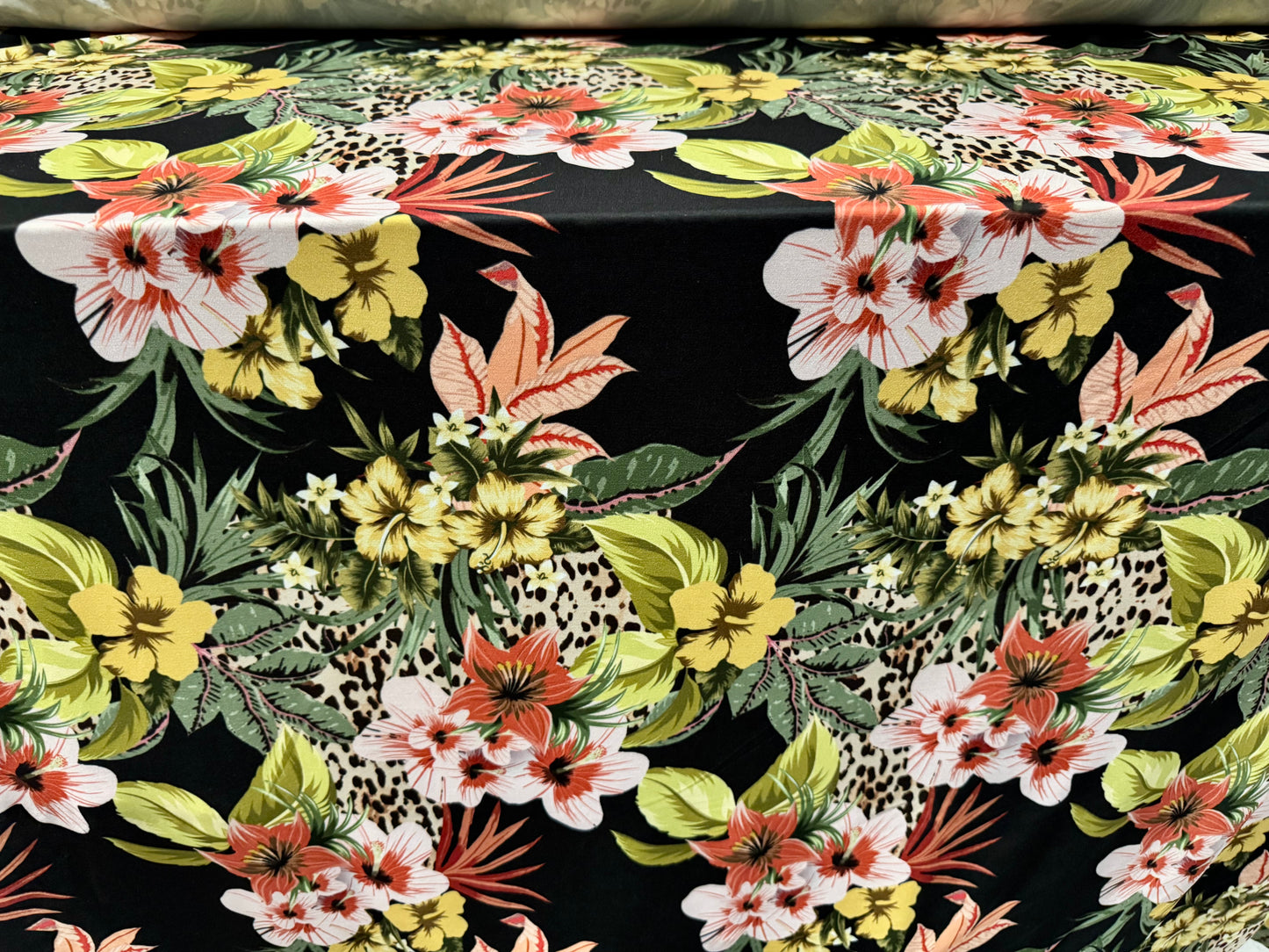 Stretch spandex jersey fabric, per metre - tropical flowers & leopardskin print