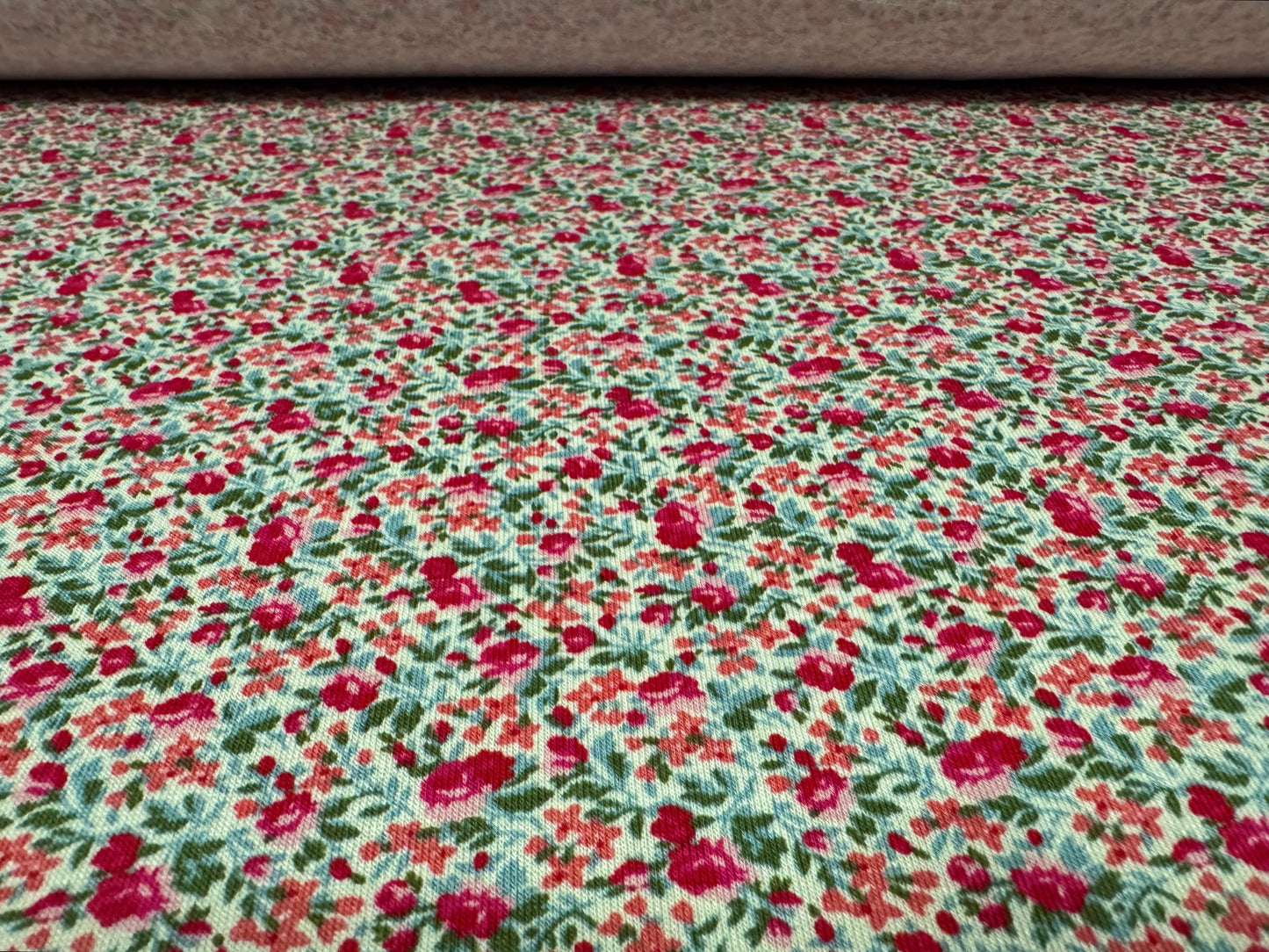 Viscose spandex stretch single jersey fabric, per metre - small flower ditsy print - cerise & green